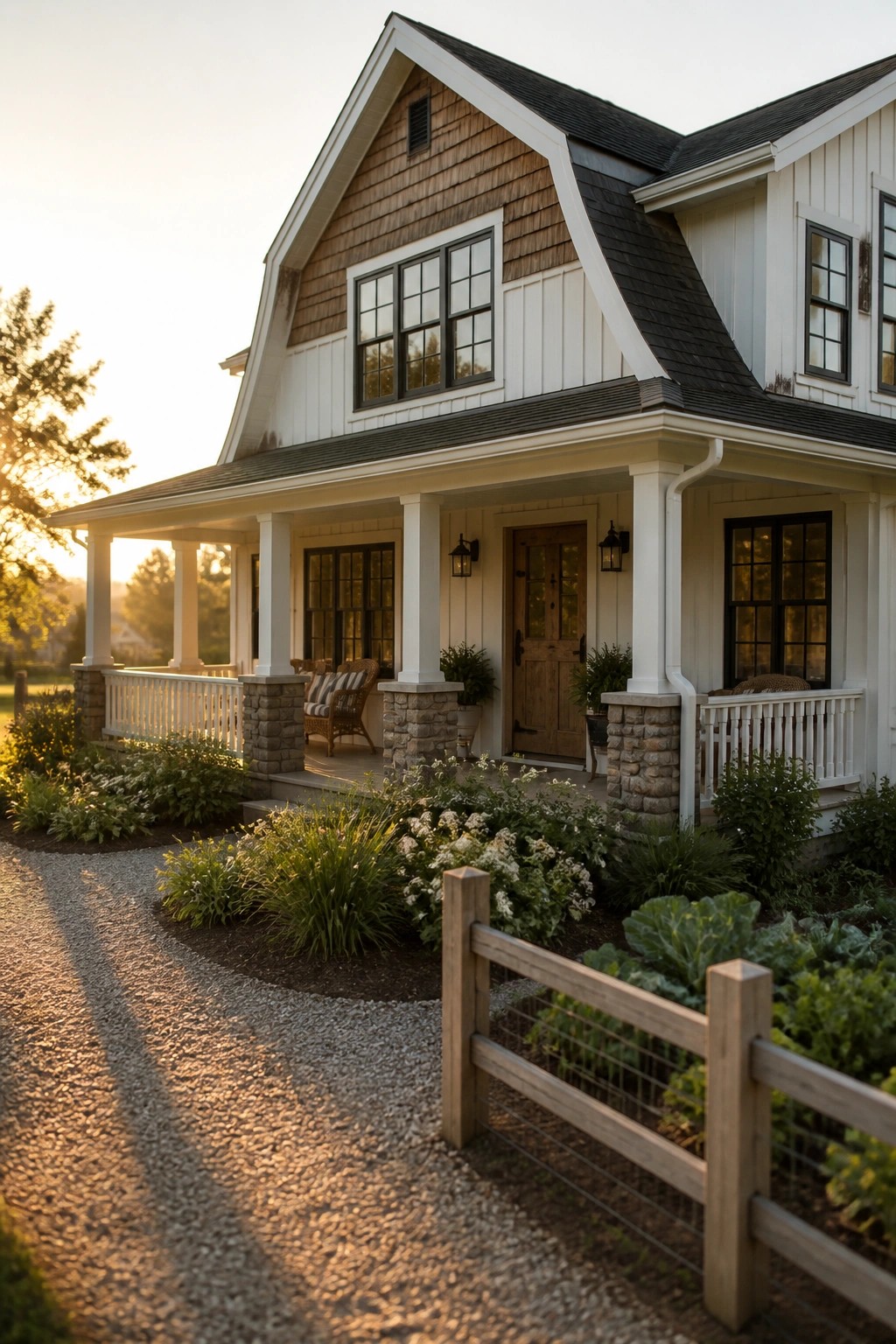 A white farmhouse exterior with a covered porch supported by stone columns, dark-framed windows, and a gravel path leading to the front door.