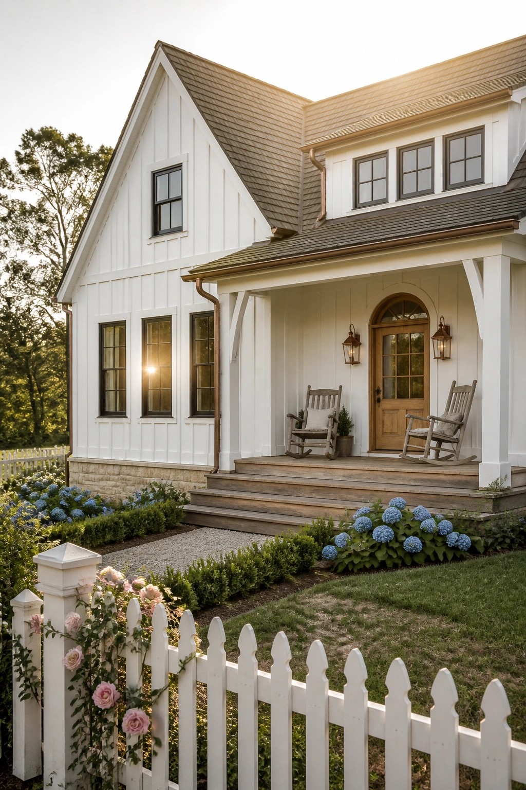 A white farmhouse with vertical siding, a wooden arched door, wooden porch, and two rocking chairs.