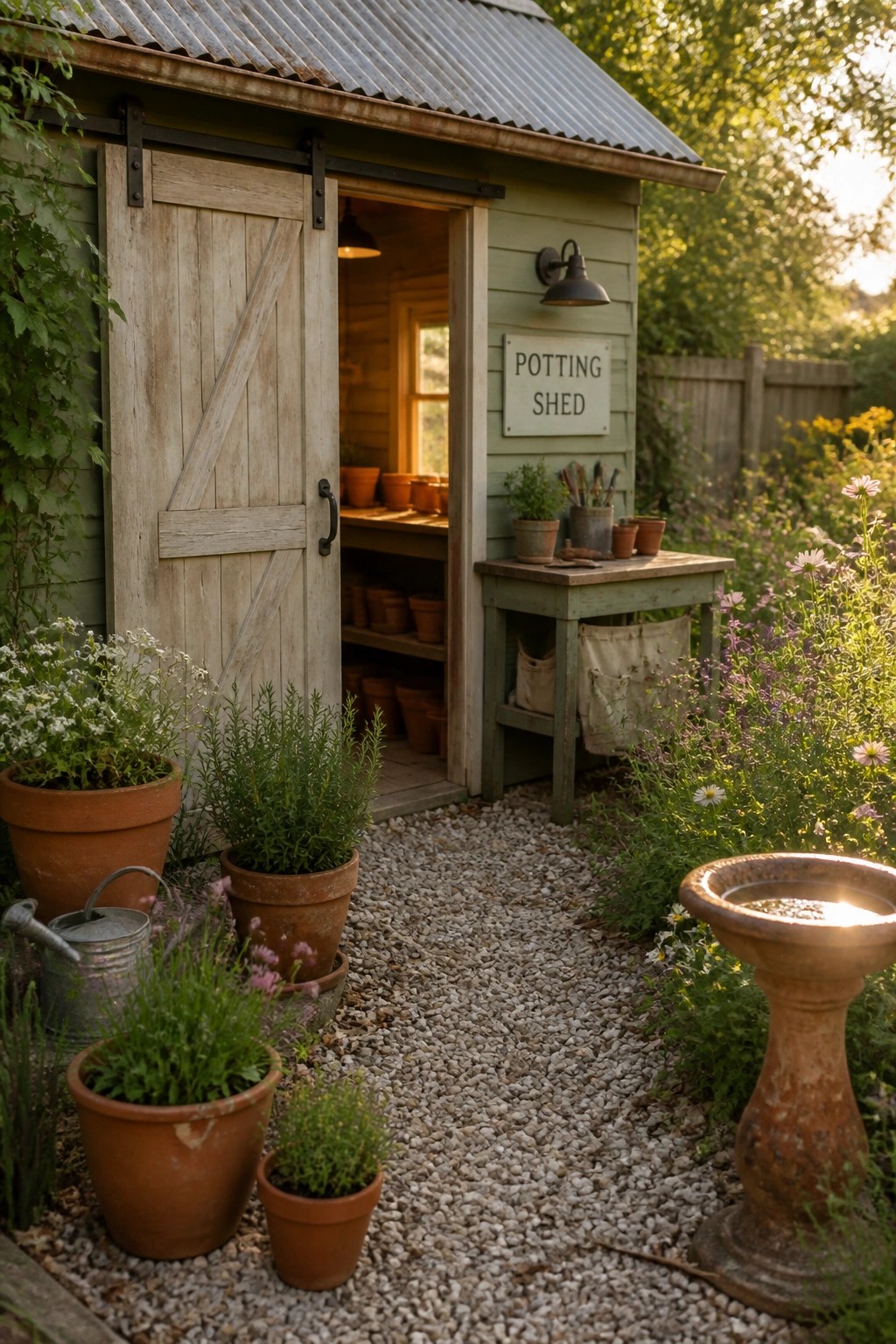 A weathered wooden potting shed with an open door, surrounded by terracotta pots, gravel paths, and garden plants.