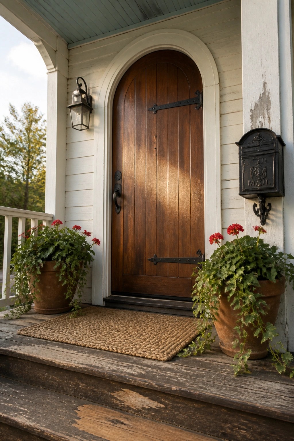 A dark wood arched door with black hardware set into white siding on a house exterior, with potted plants on either side and a black mailbox mounted to the right.