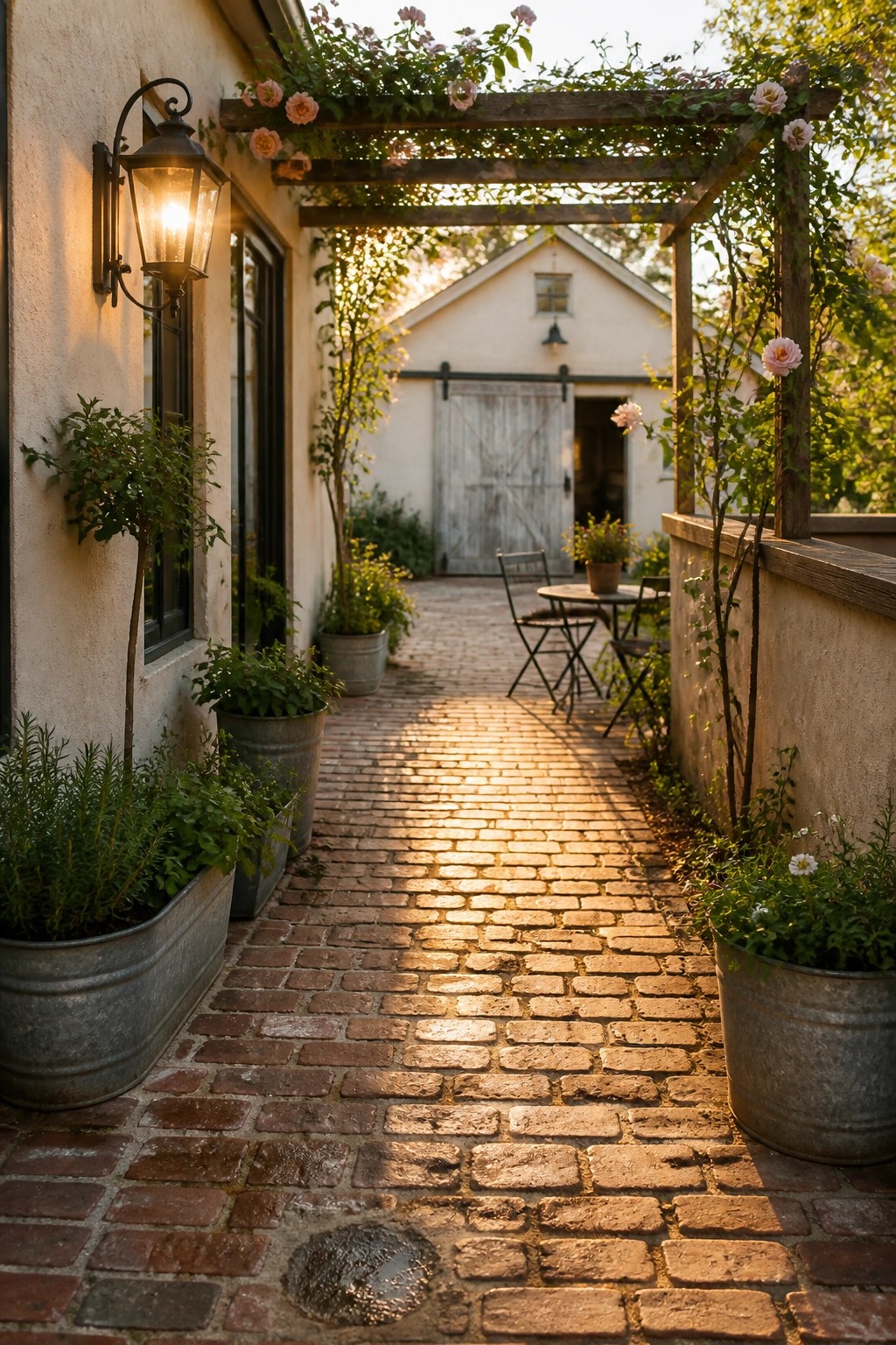 Brick pathway under rose-covered pergola with glowing lantern and potted plants at sunset