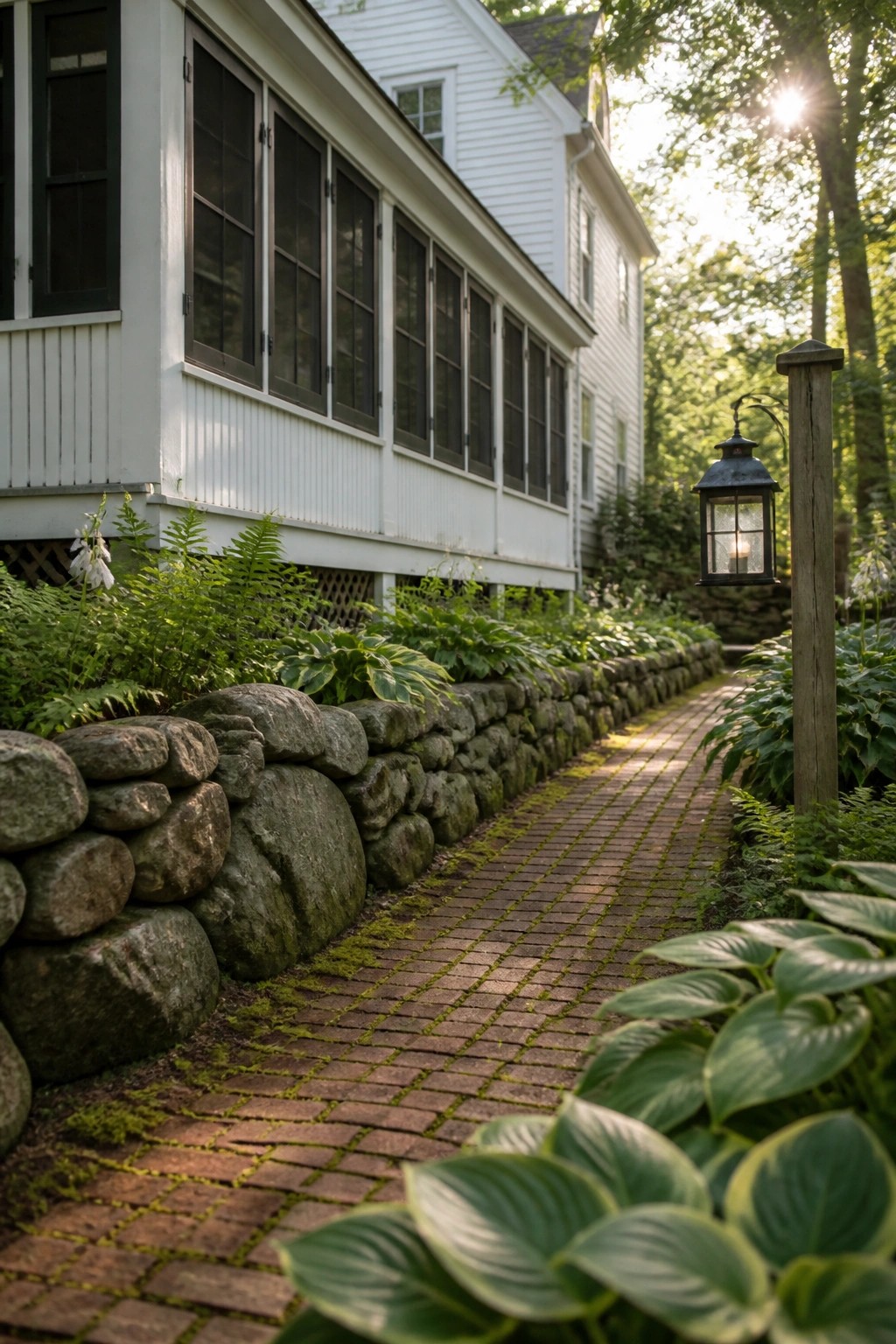 A white house exterior with a brick pathway running beside a low stone retaining wall, bordered by green hostas and ferns, and a lantern on a wooden post.