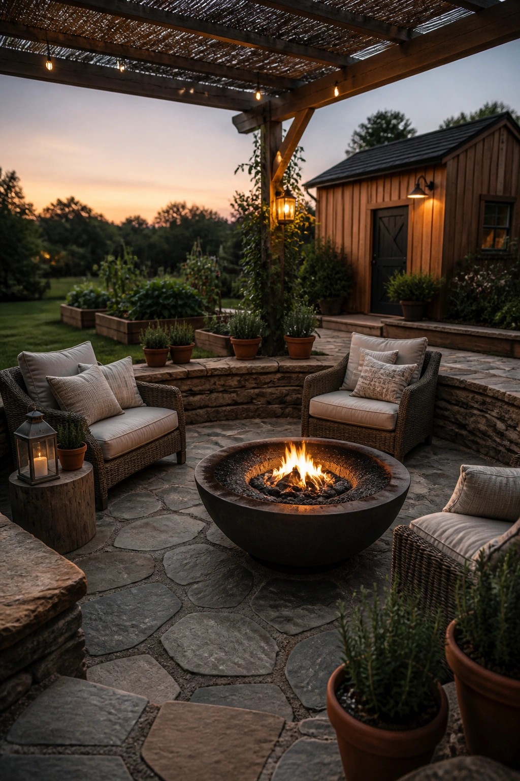 A round metal fire pit with flames sits on a flagstone patio surrounded by wicker armchairs under a wooden pergola.