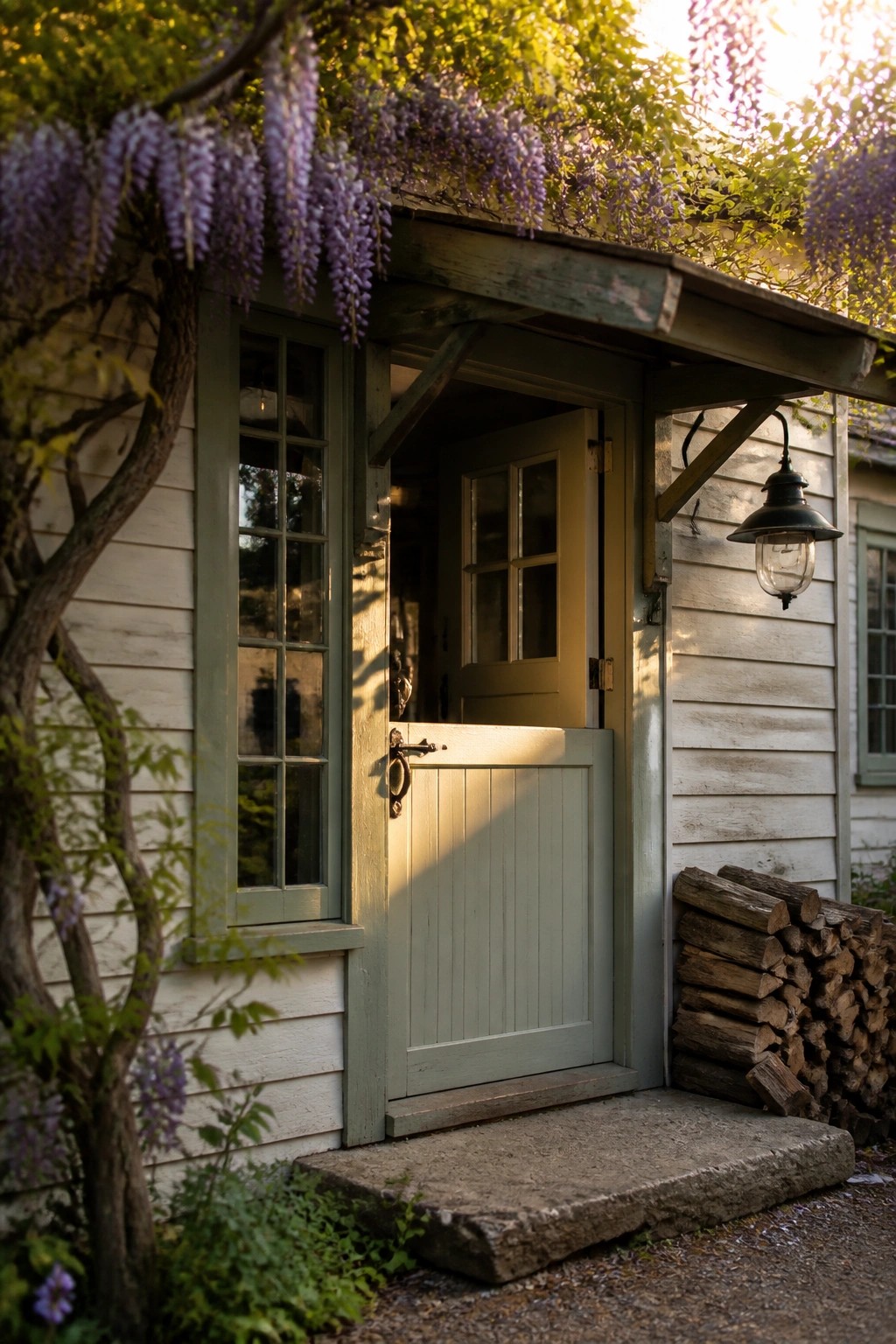 Rustic wooden cottage entrance with open green door, purple wisteria, and stacked firewood.