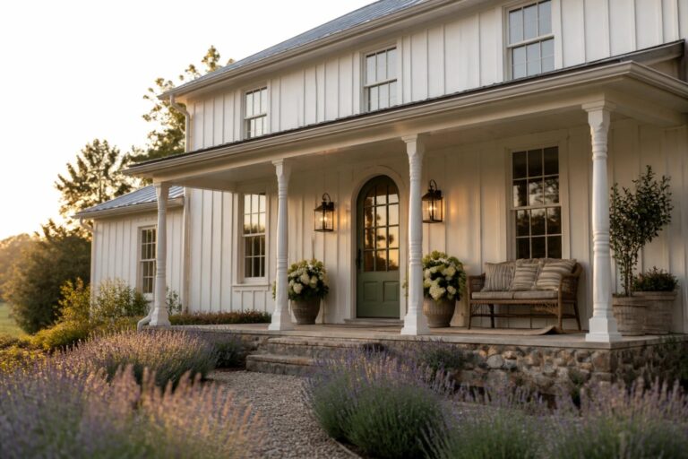 A white two-story farmhouse with board and batten siding, a green arched front door, white porch columns, and stone foundation steps.