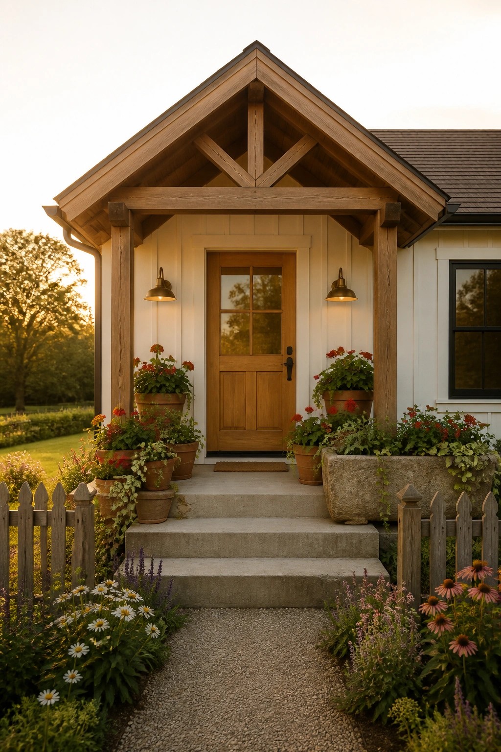 A front view of a house showing a wooden door beneath a gabled wooden porch, concrete steps, potted plants, and a gravel walkway.