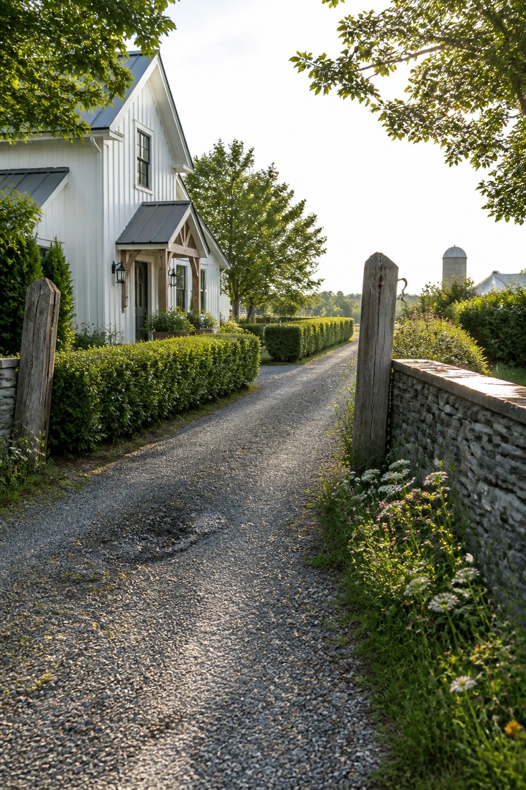 A gravel driveway leads past wooden posts and a low stone wall toward a white farmhouse with a metal roof.