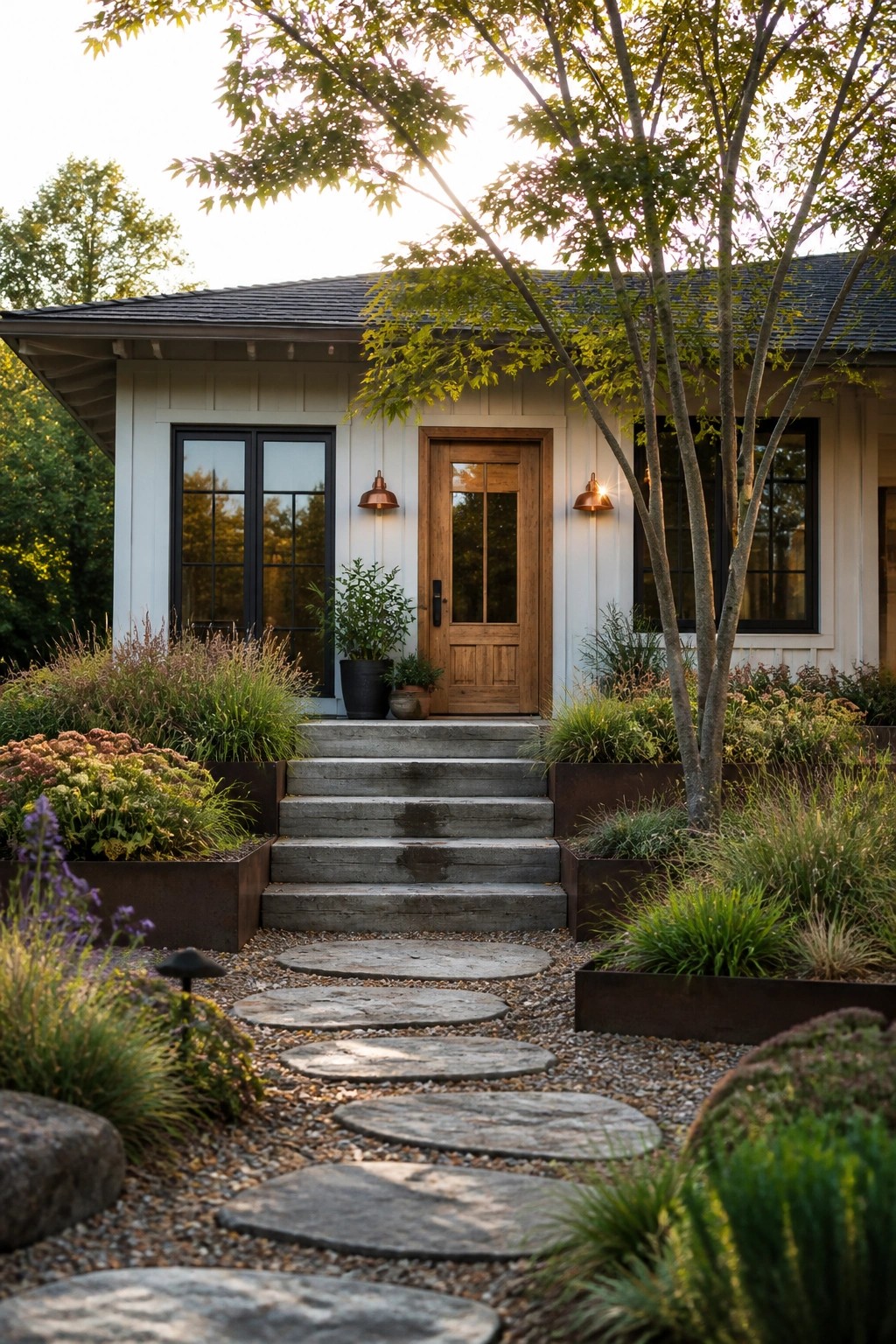A front view of a light-colored farmhouse with a wooden door, concrete steps, black-framed windows, and a gravel path of large stepping stones bordered by metal planters and greenery.