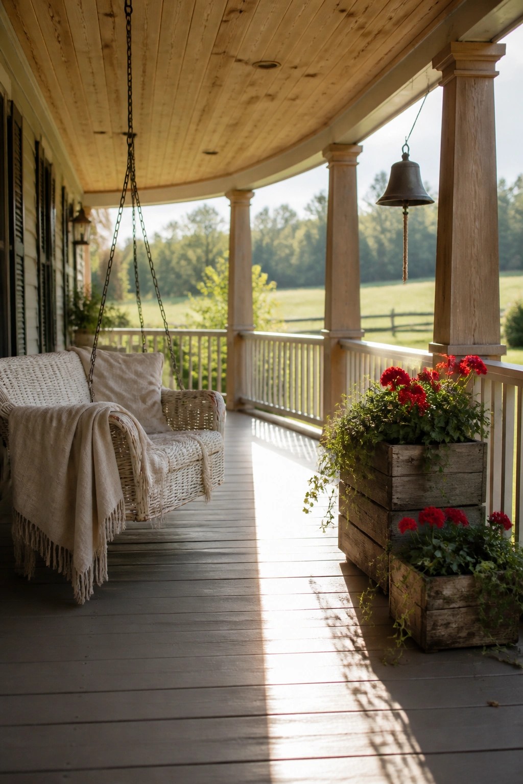 A wooden farmhouse porch with a hanging wicker swing, gray floorboards, wooden support posts, and two stacked crates holding red flowers.