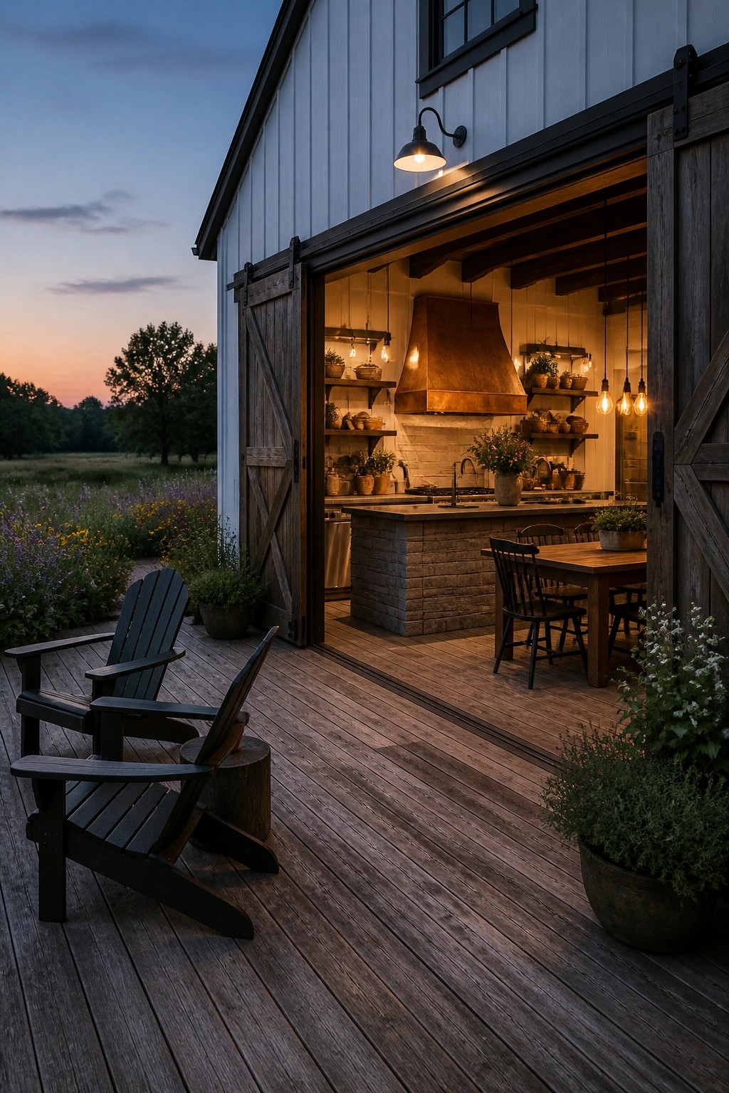 A white barn with large wooden sliding doors open to reveal a kitchen, wooden deck with black Adirondack chairs and potted plants outside at dusk.