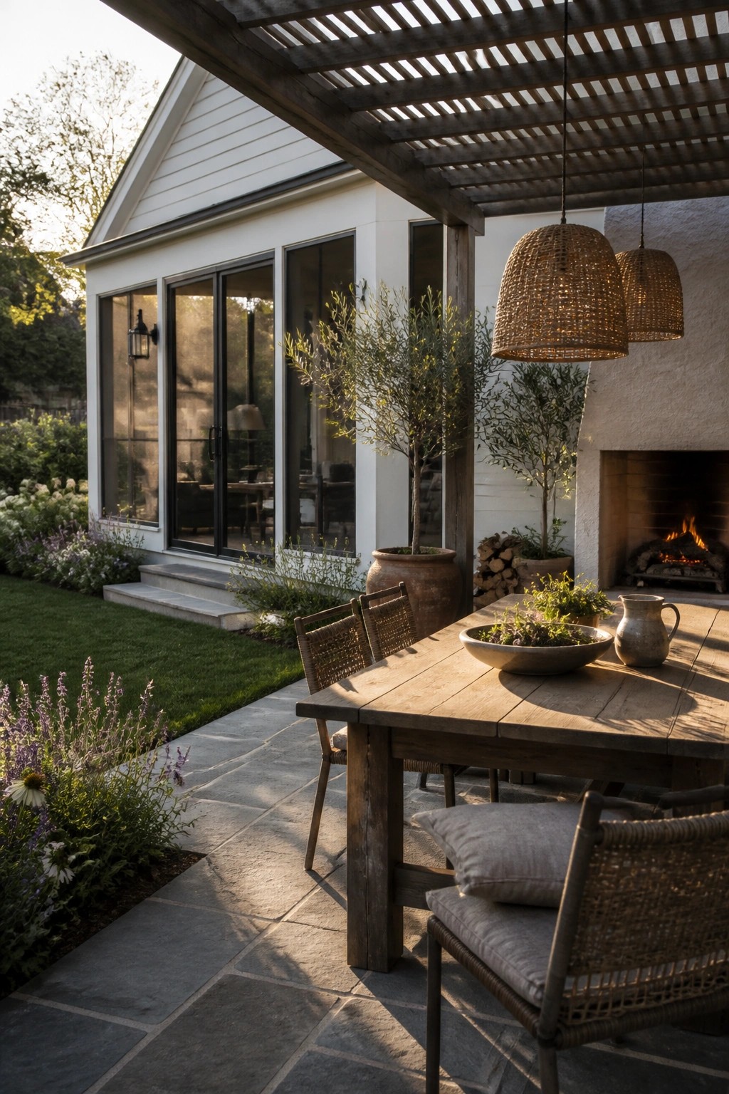 A wooden outdoor dining table with woven chairs on a stone patio next to a lit fireplace under a pergola, beside a white house with large windows.