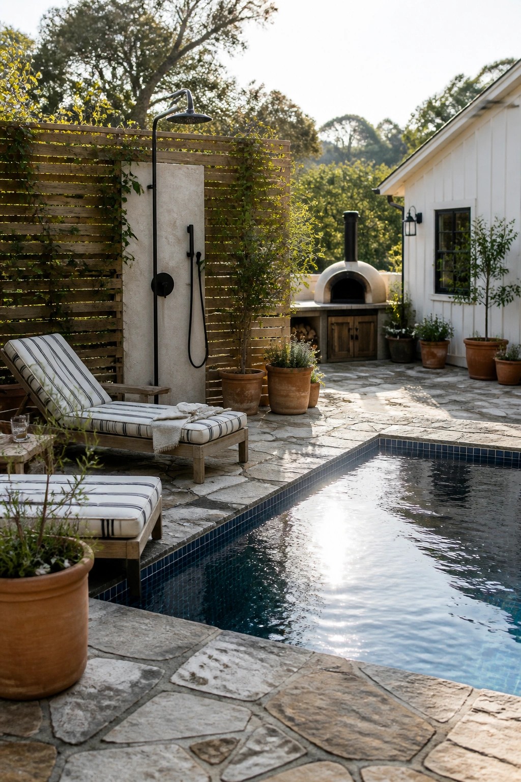 An outdoor shower with black fixtures stands next to a swimming pool on a stone patio, with wooden slat screens, lounge chairs, and a pizza oven in the background.