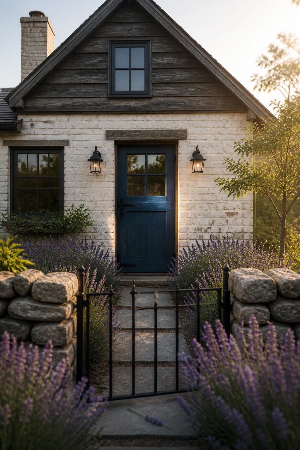 White brick cottage with blue door, black gate, and blooming purple lavender