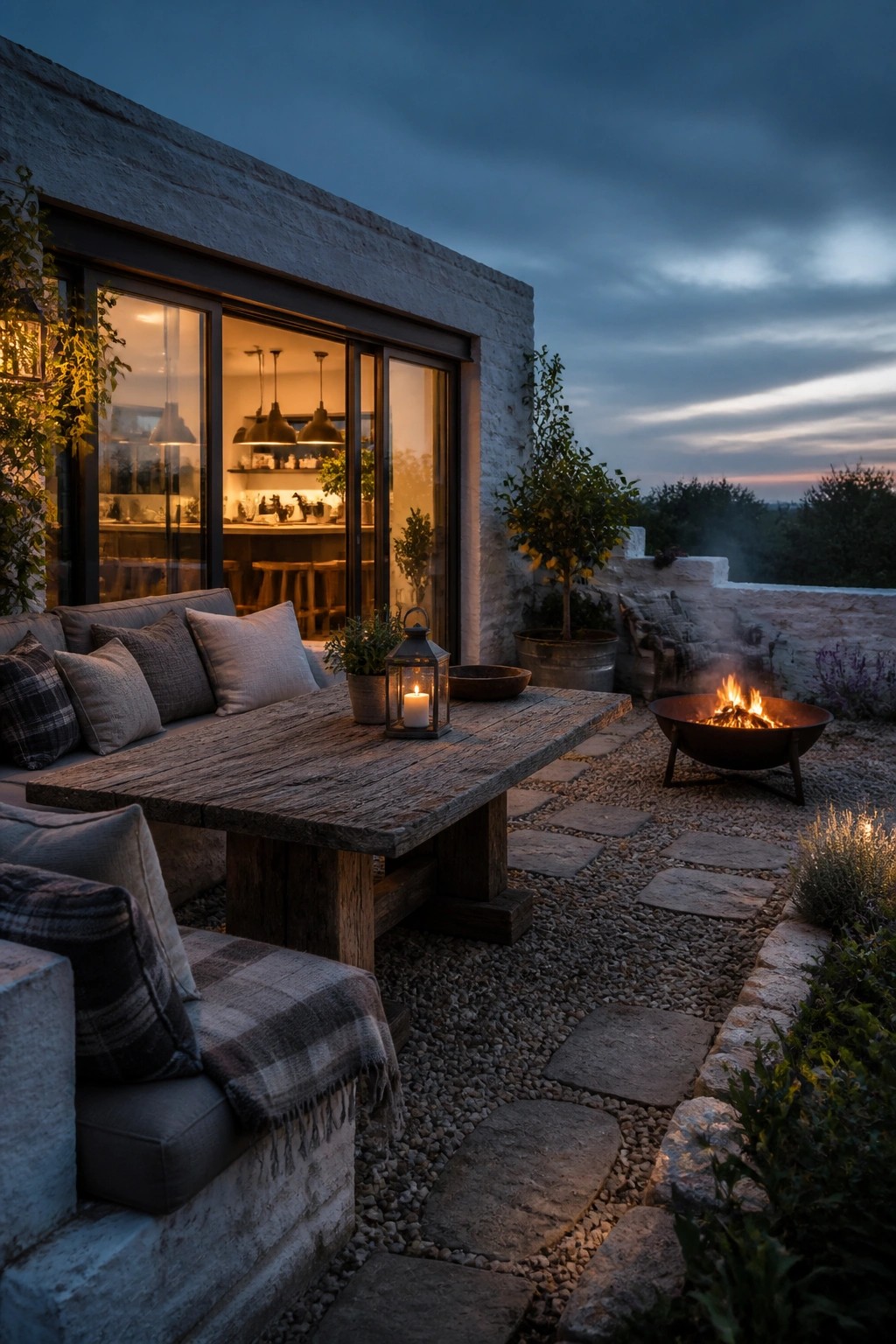Twilight patio with wooden table, lantern, fire pit, and glowing modern house