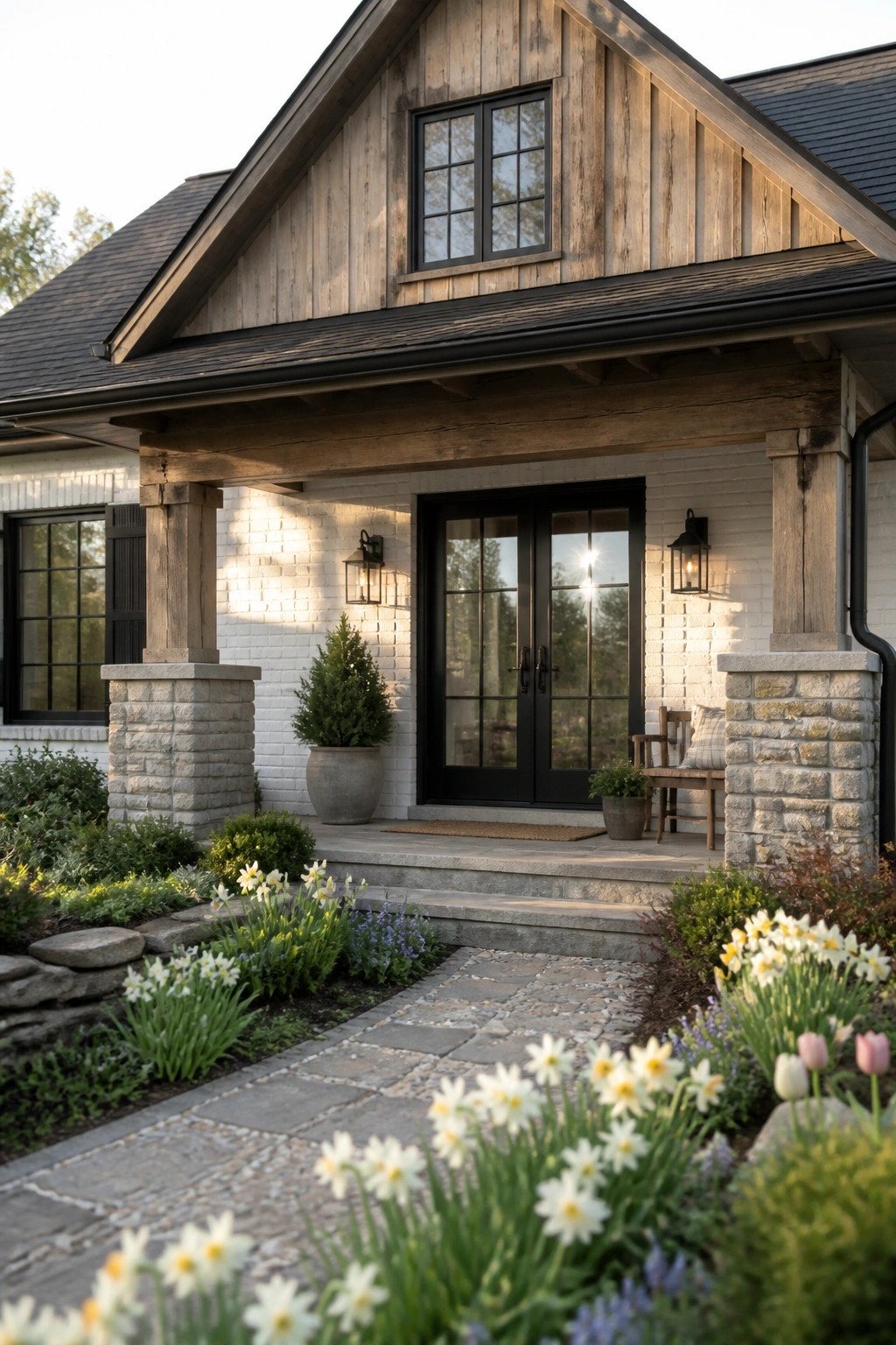 A front view of a rustic farmhouse with a covered porch supported by stone pillars and wooden beams, black double doors, and flower beds along a stone path.