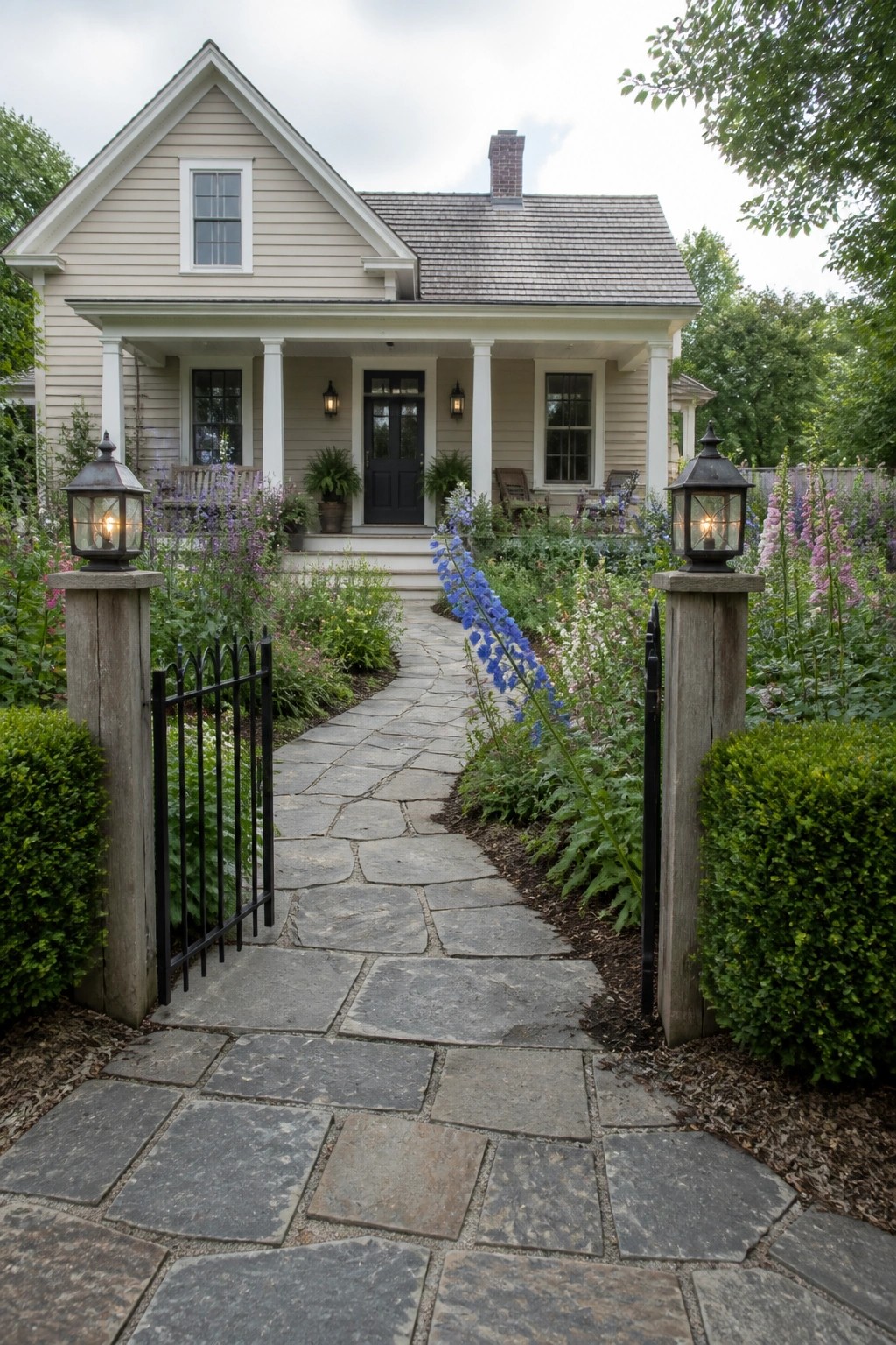 A light-colored house with a front porch is shown from a flagstone pathway lined with flowers and bordered by wooden posts holding lanterns and a black gate.