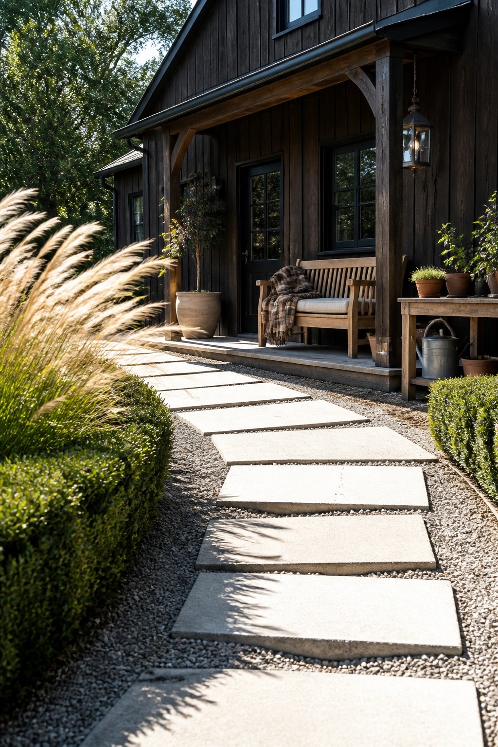 A gravel path lined with rectangular stone pavers leads to the porch of a dark wooden house, with green shrubs and tall grasses on either side.