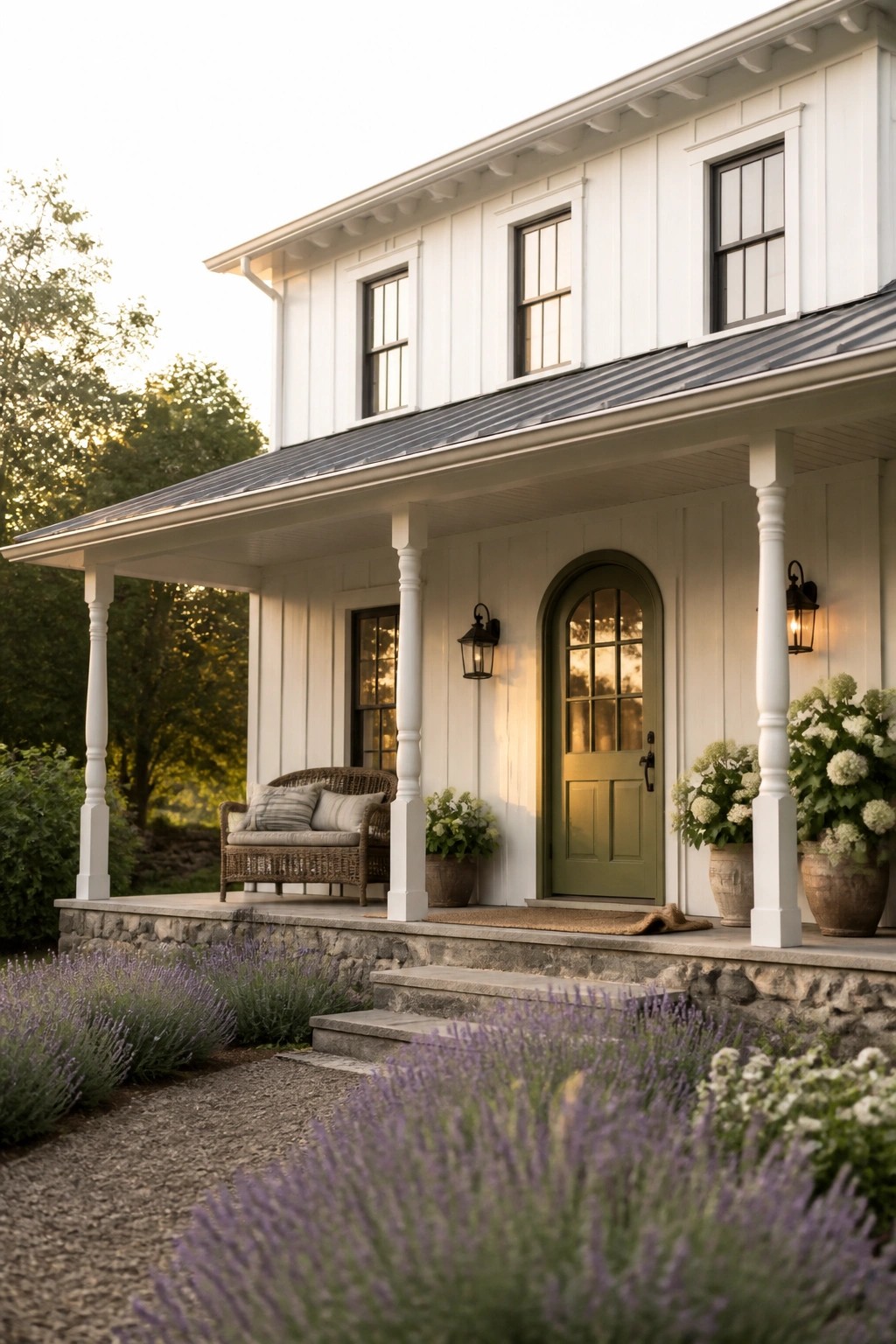 A white two-story farmhouse with board and batten siding, a green arched front door, white porch columns, and stone foundation steps.