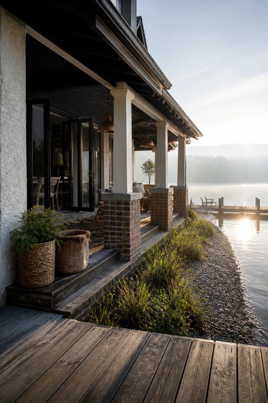 A house porch with white columns on brick bases overlooks a lake, with wooden decking, steps, and woven plant baskets visible in the foreground.