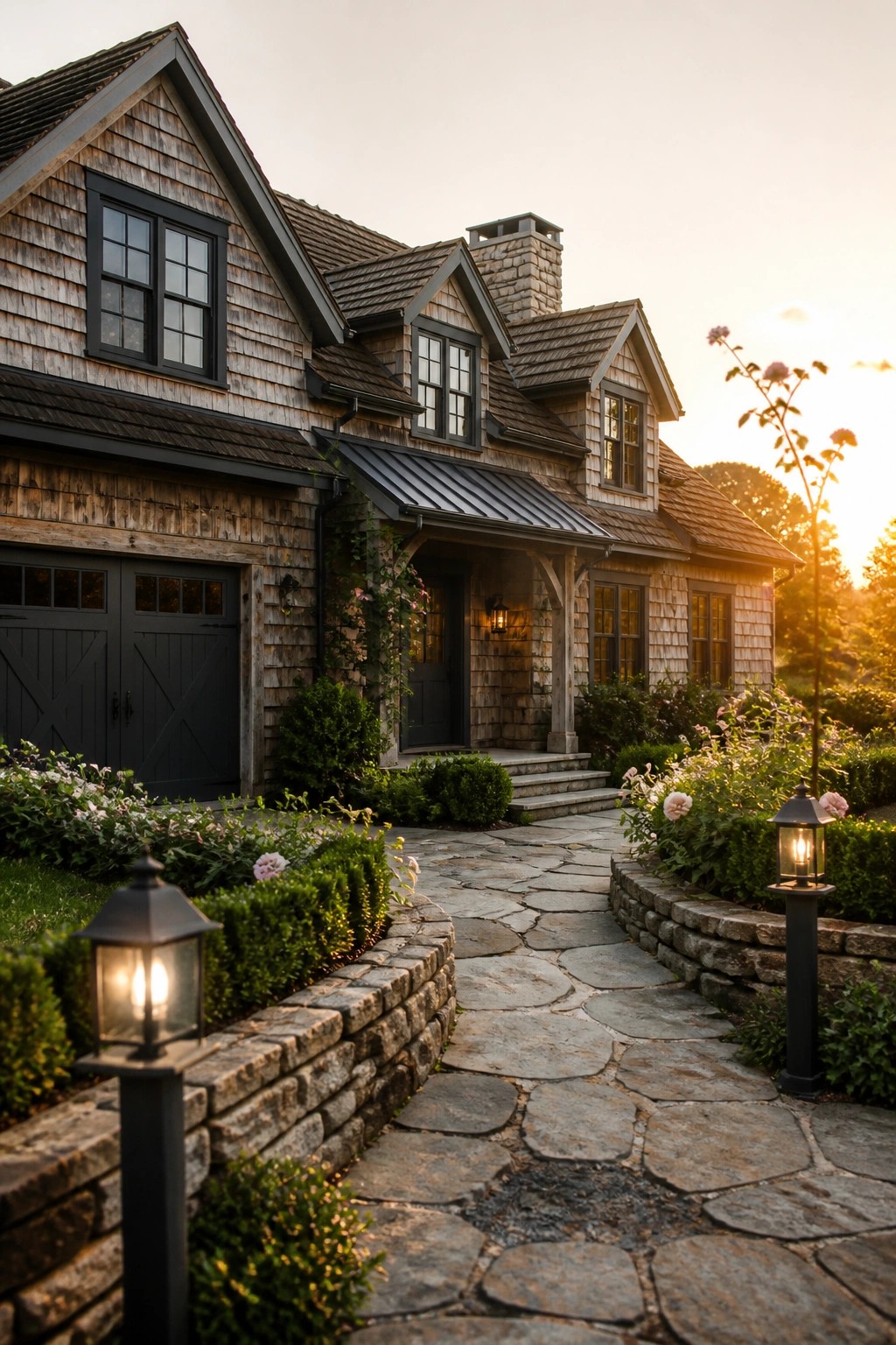 A rustic farmhouse with weathered wood shingles, dark trim, a stone chimney, and a flagstone path leading to the front door.
