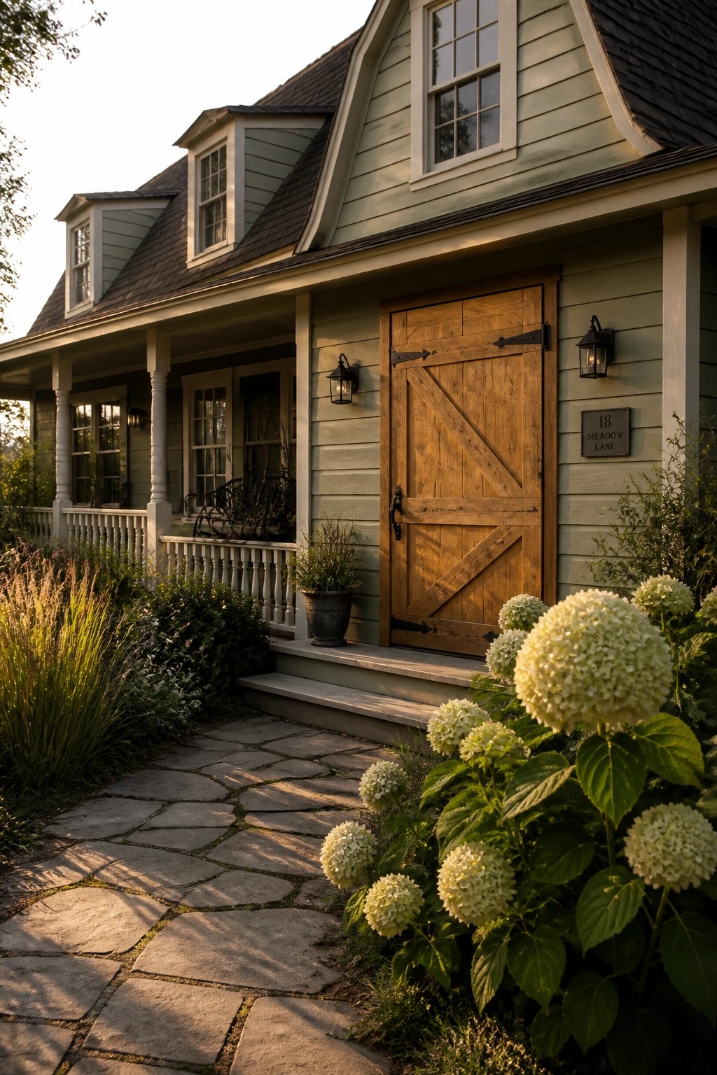 Light green house with wooden door, stone path, and white hydrangeas at dusk.