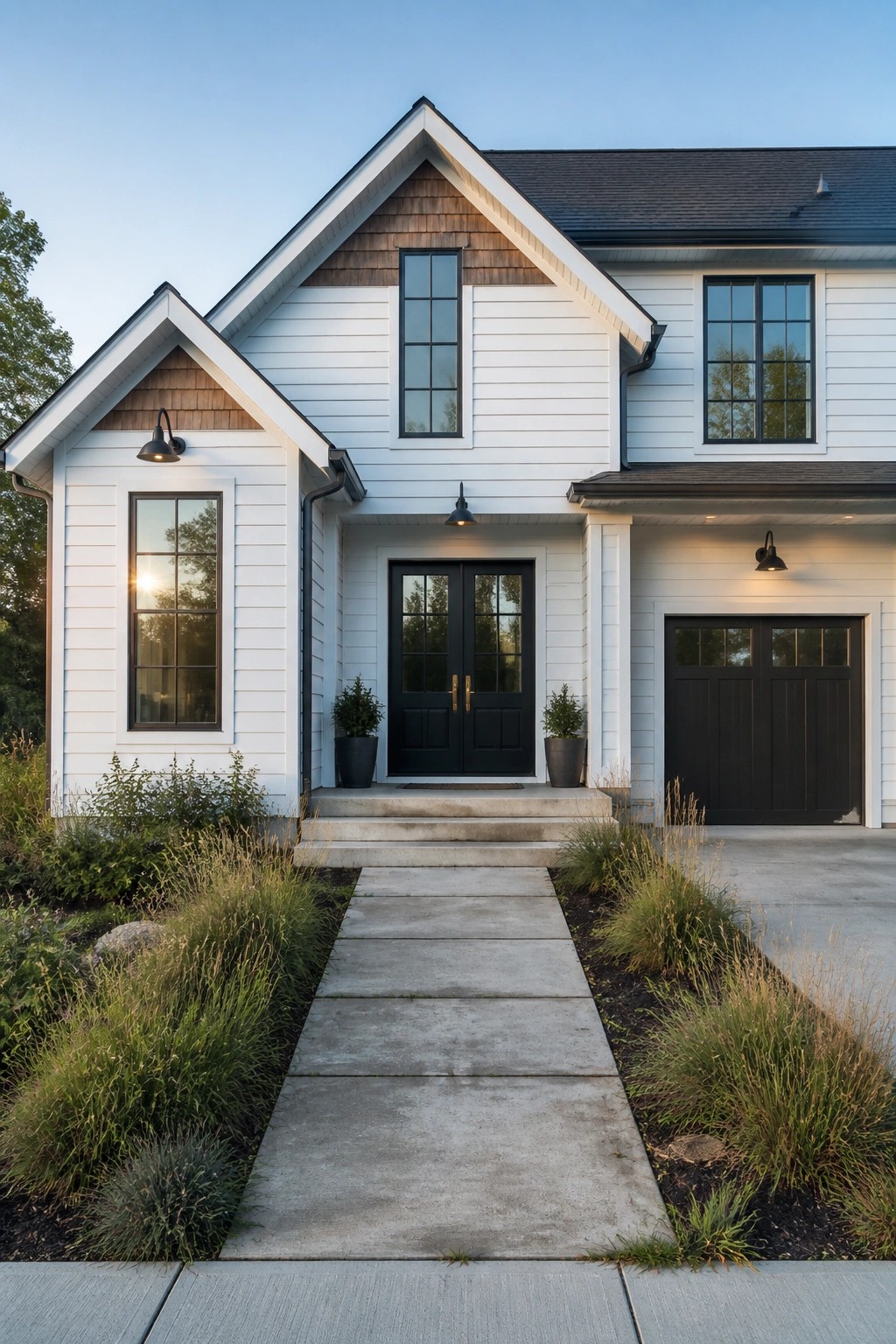 Modern farmhouse exterior with bright white siding and black trim.