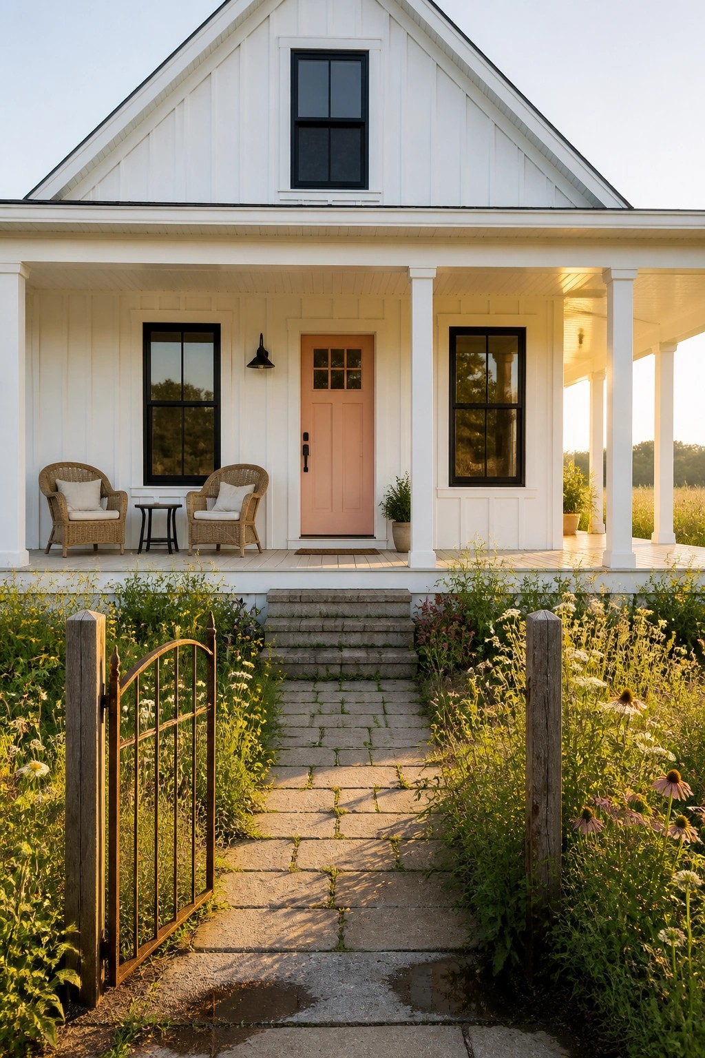 White modern farmhouse exterior with bright white siding and black windows.