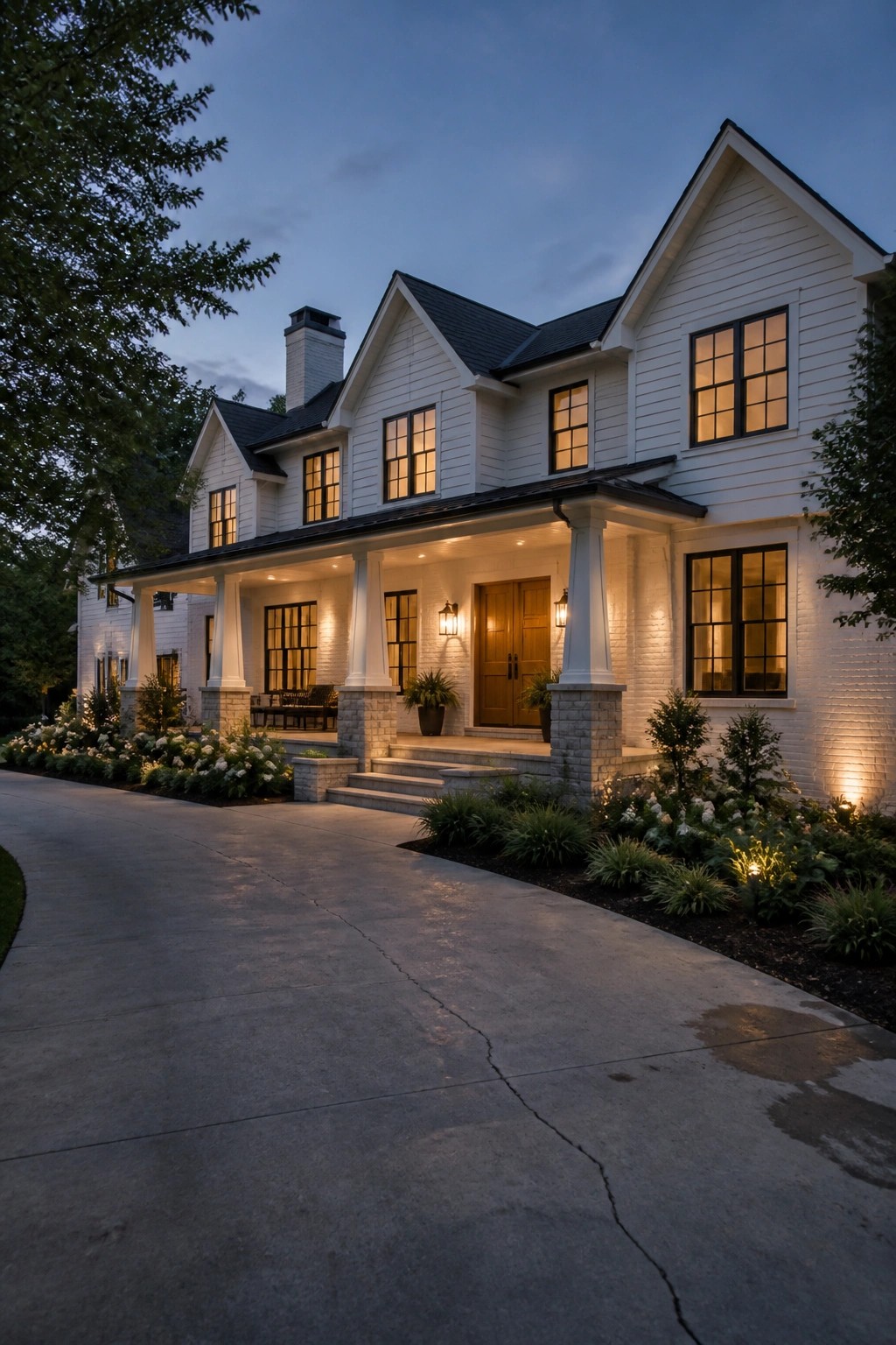 A modern farmhouse with bright white siding and black windows at dusk.