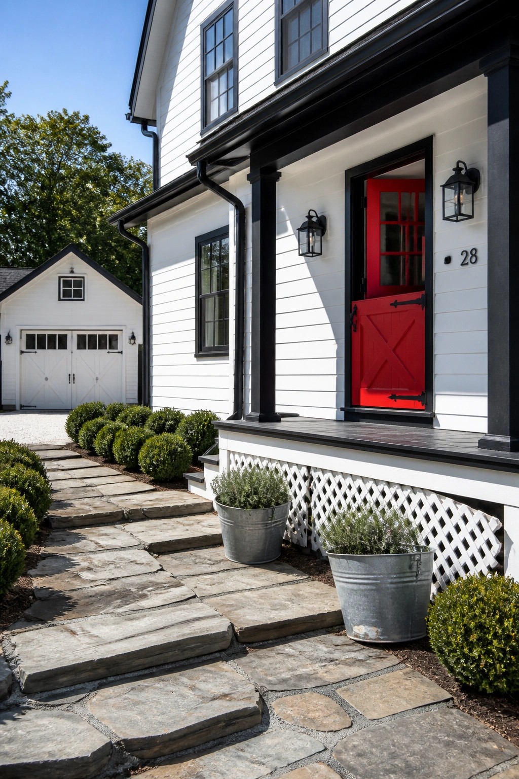 White painted siding on a modern farmhouse exterior with black trim.
