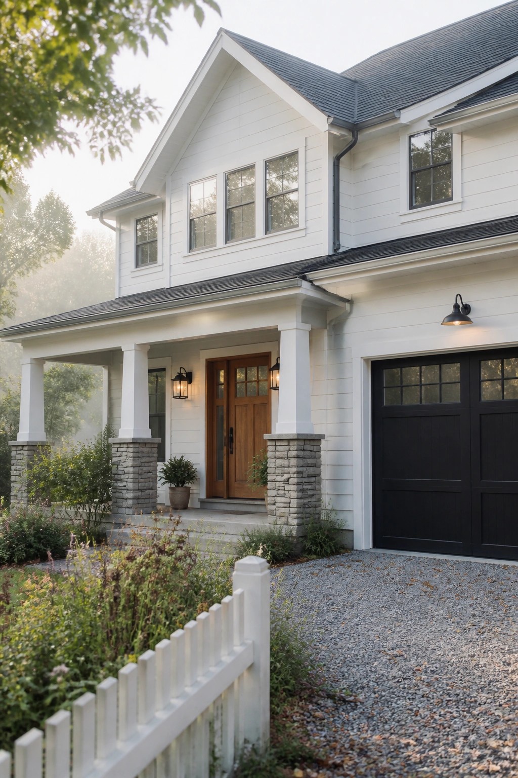 White painted siding on a modern farmhouse with a dark garage door.