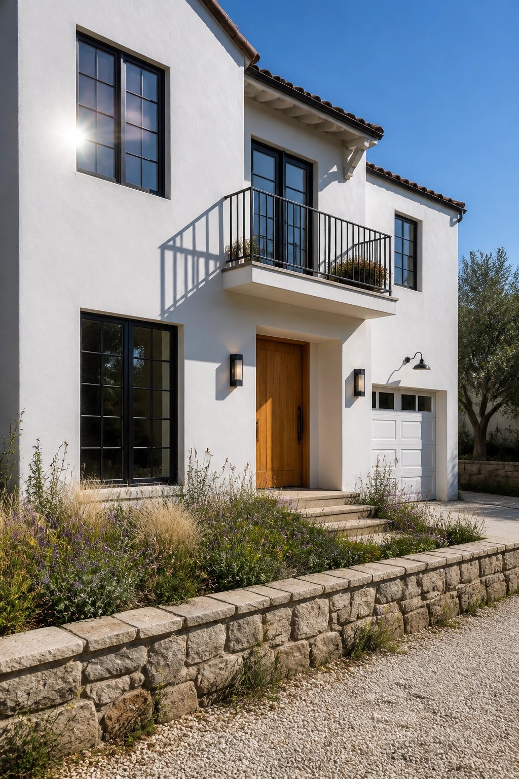 A modern farmhouse exterior painted in bright white stucco with black windows and a stone wall.