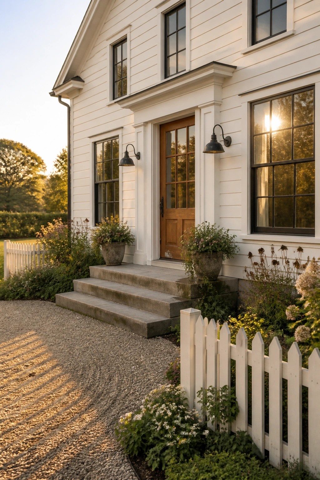 White siding on a modern farmhouse exterior with a wooden door and stone steps.