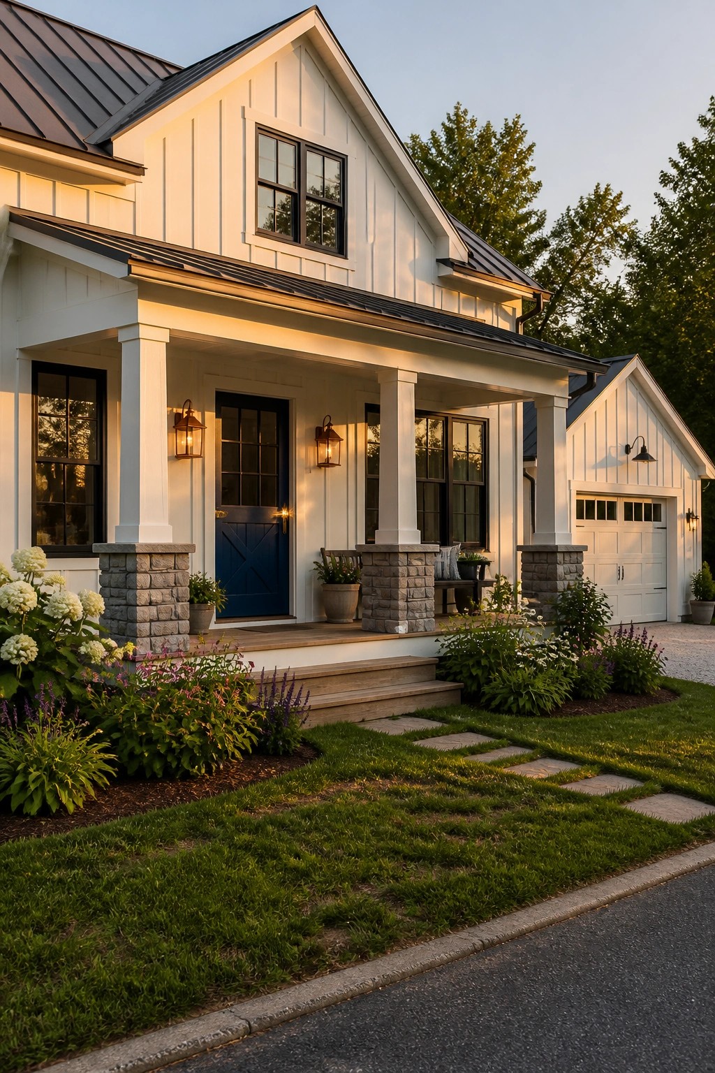 White craftsman house with blue door, porch, stone pillars, and blooming garden at dusk.