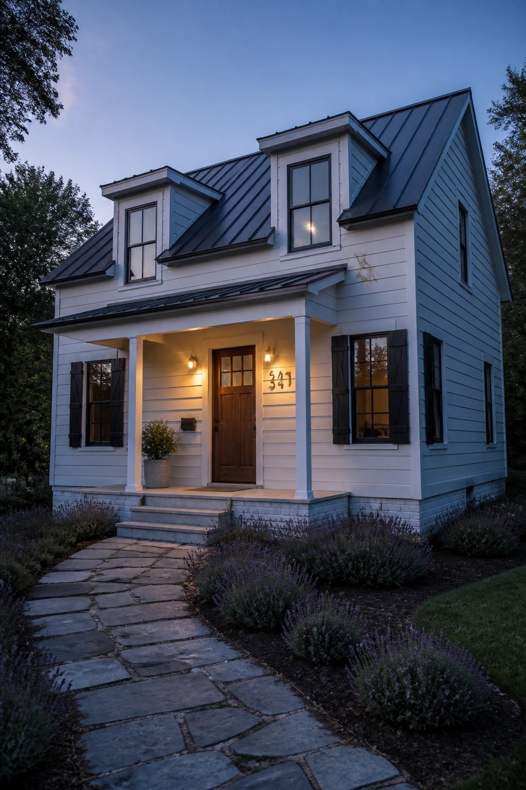 A modern farmhouse exterior painted in cool white siding with black shutters and a metal roof.