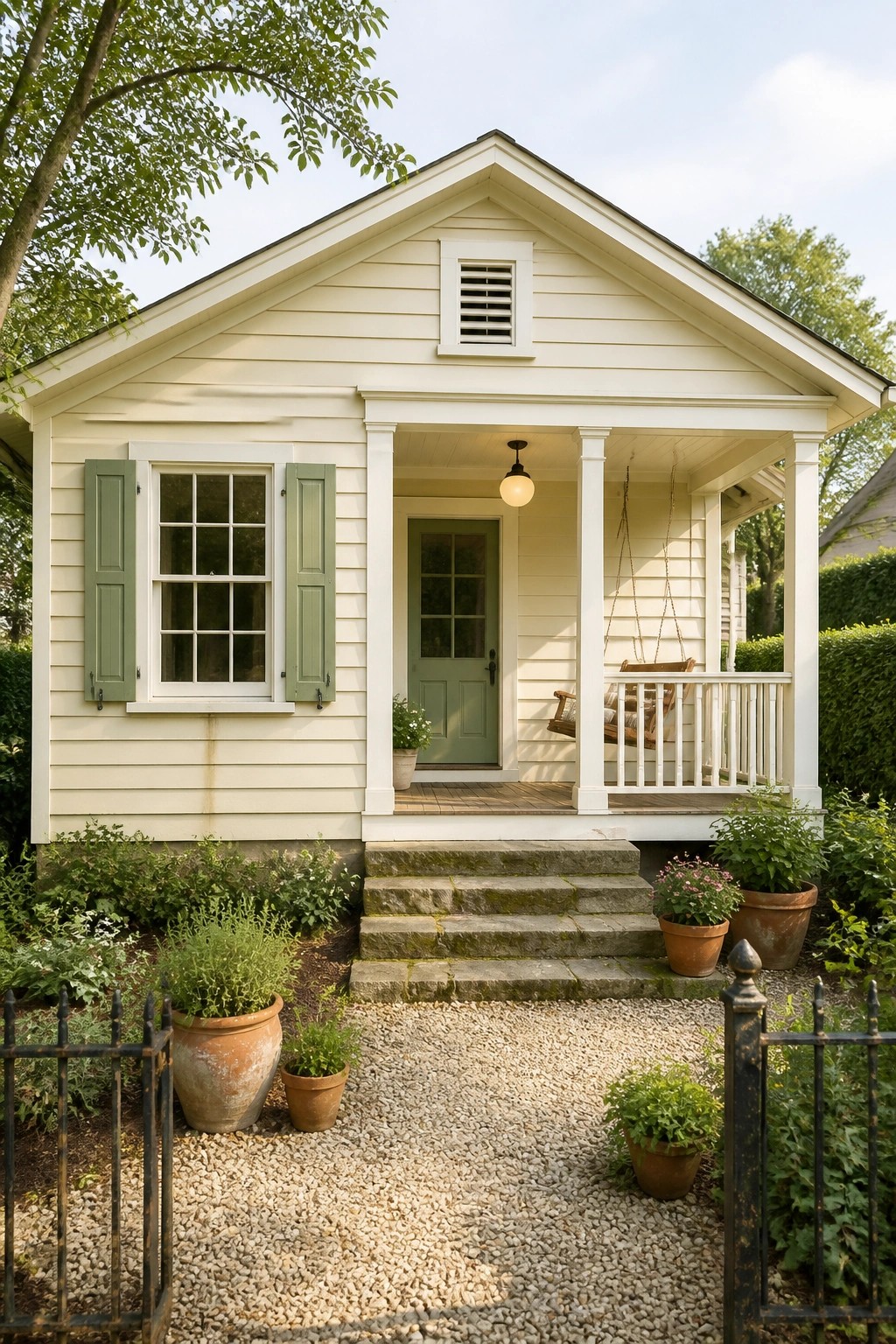 A house with creamy white siding and a small front porch.