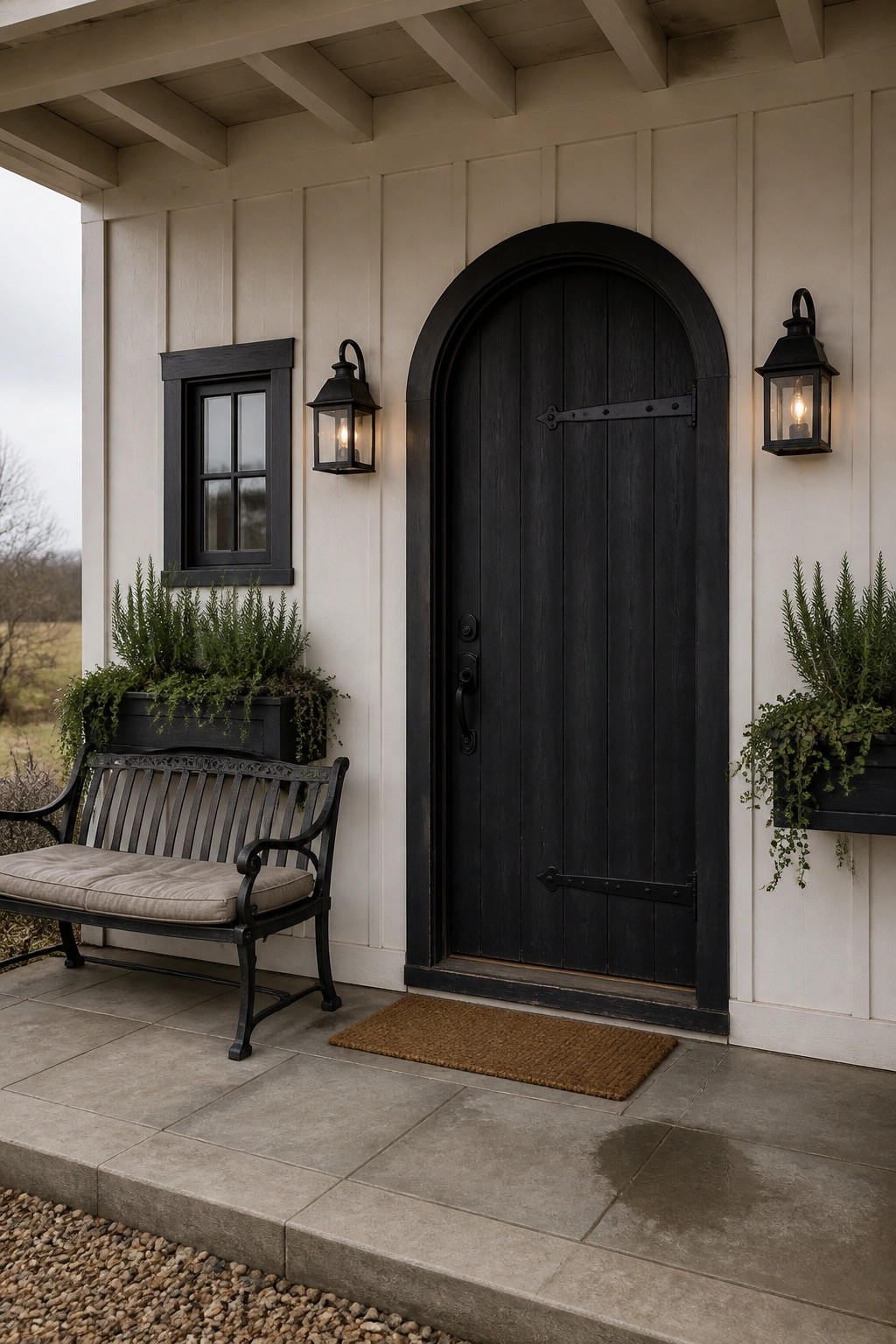 Creamy white siding on a modern farmhouse exterior with black trim and an arched door.