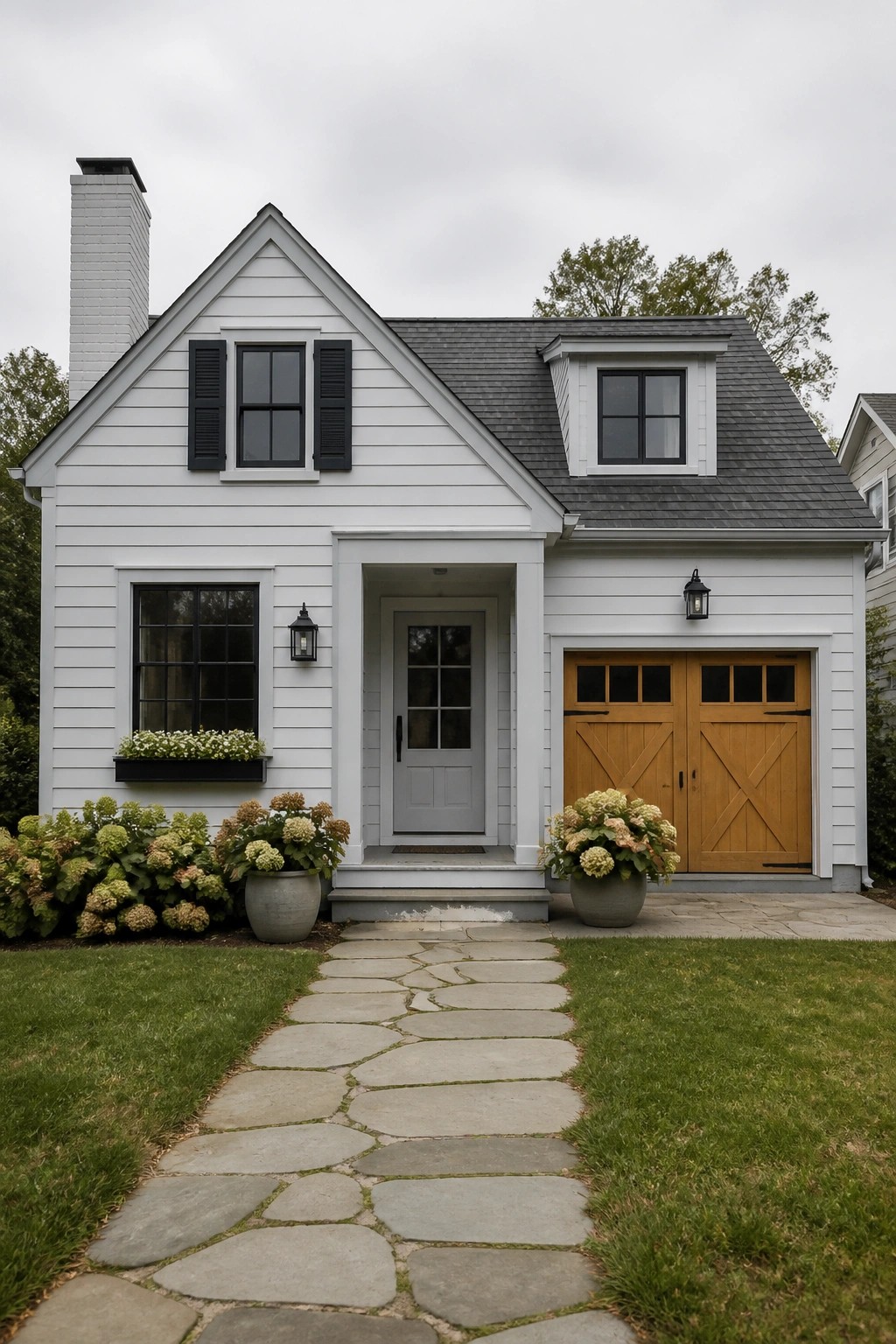 White house with black shutters, wooden garage doors, and stone pathway to door