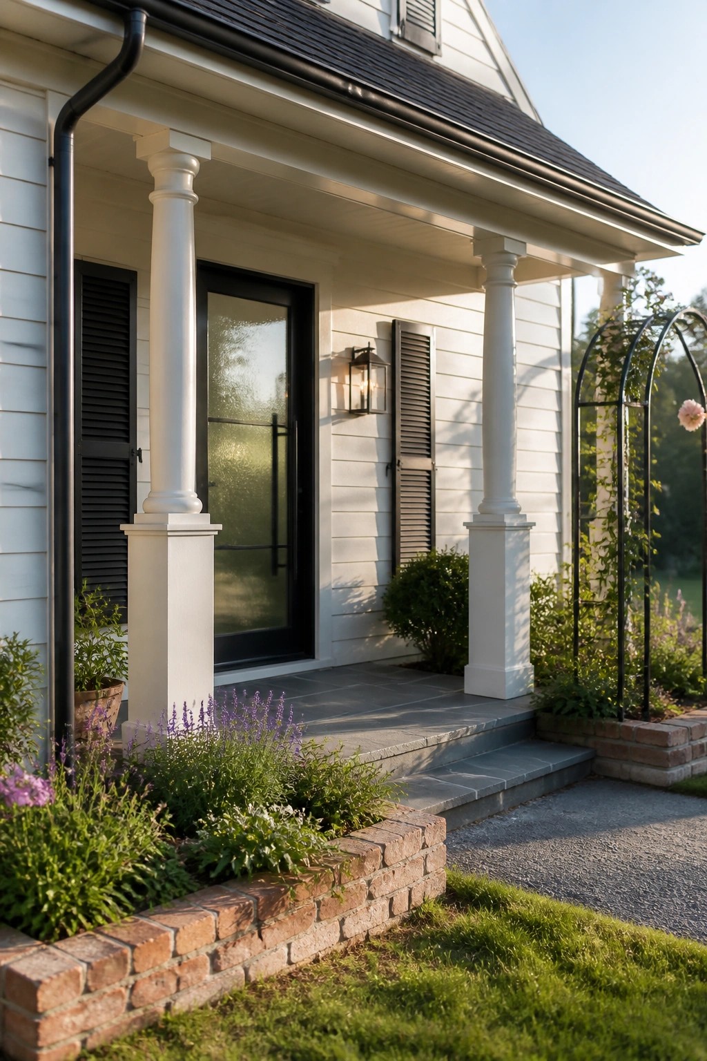 White house porch with black door, columns, brick garden, and purple flowers.