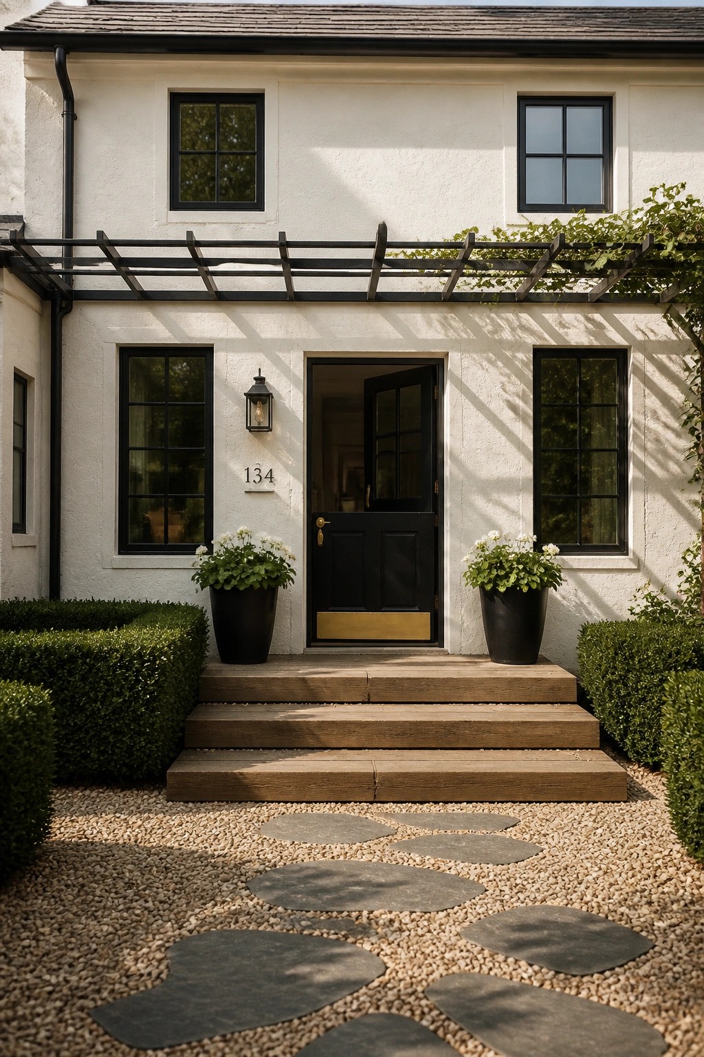 White stucco walls on a modern farmhouse exterior with black windows.
