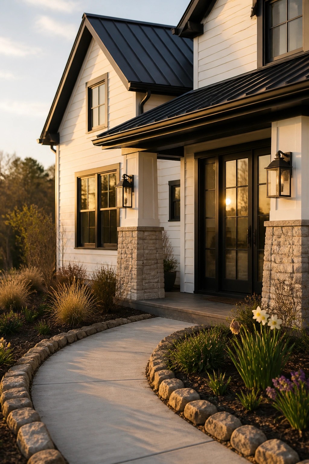 White modern farmhouse with black roof, stone pillars, and flower-lined walkway at dusk