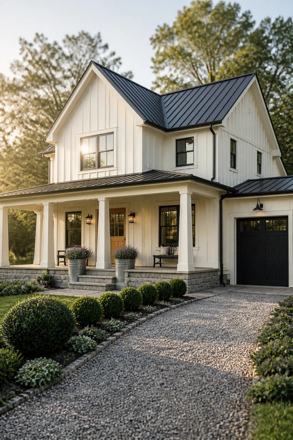 A modern farmhouse exterior with bright white siding and black roofing.