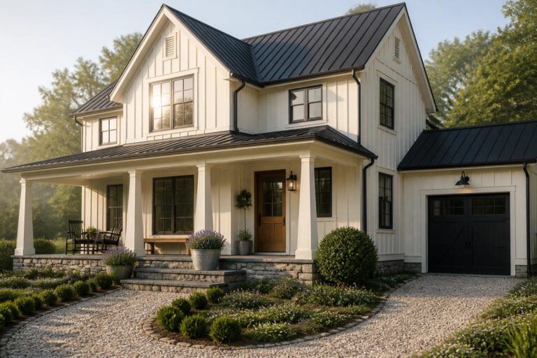 24 White Modern Farmhouse Exterior Colors for a Clean Designer Vibe A modern farmhouse exterior with bright white siding and black roofing.