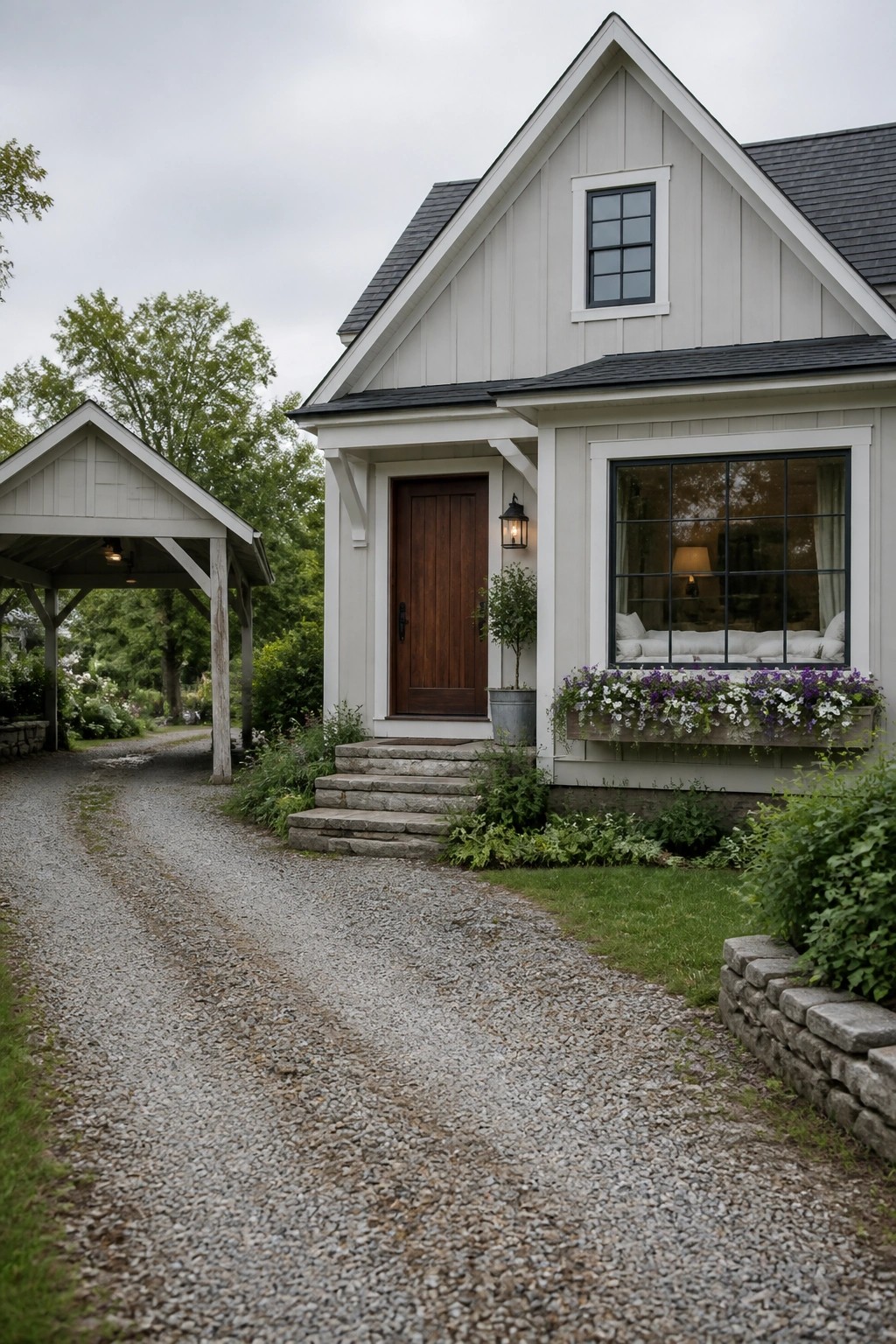 Light greige siding on a modern farmhouse with a gravel path in front.