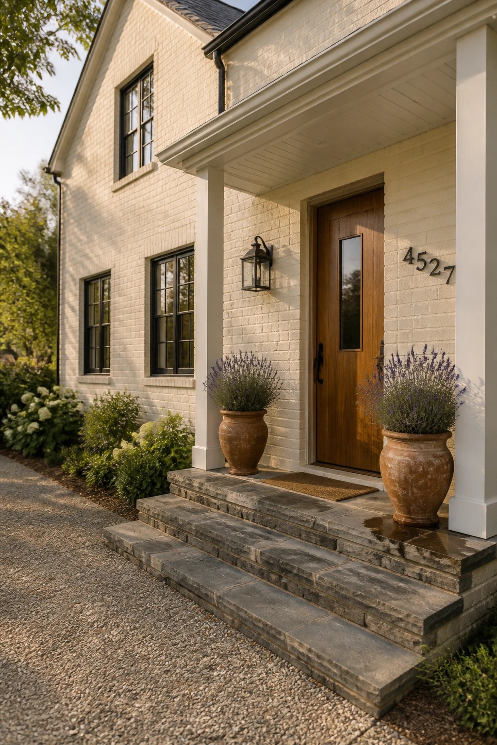 A modern farmhouse exterior with warm white brick siding and stone steps.