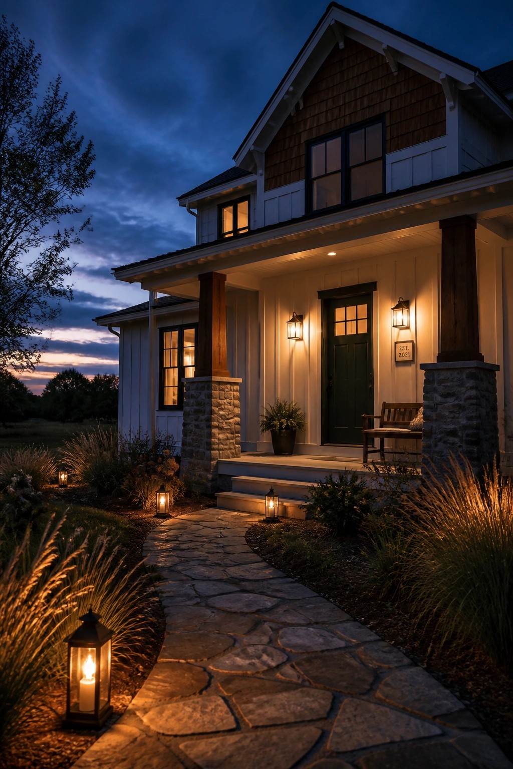 A modern farmhouse exterior with warm white siding and stone porch columns.