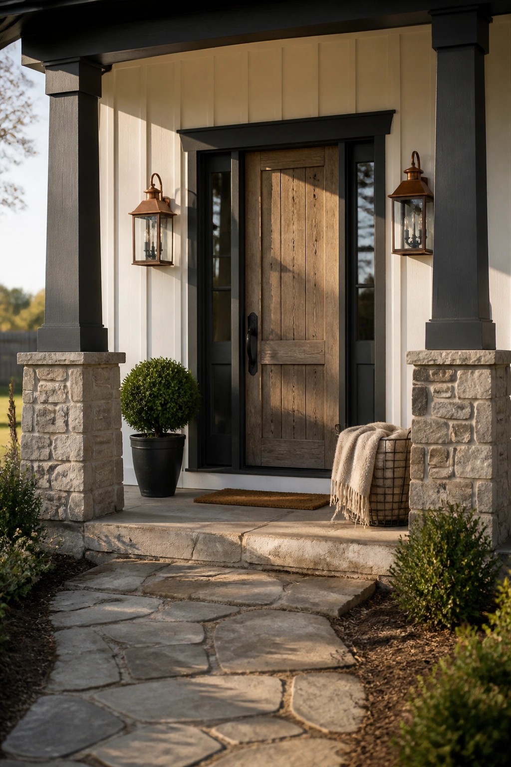 Rustic wooden door on white porch with black trim, stone pillars, and lanterns