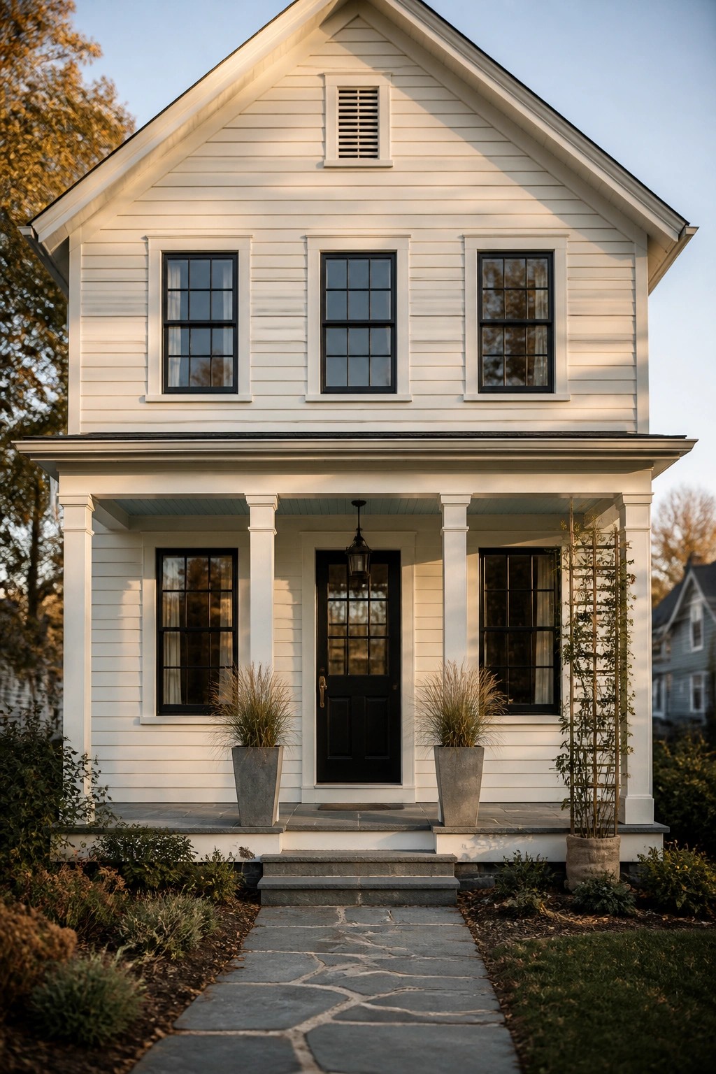 A white modern farmhouse exterior with black windows and a covered porch.