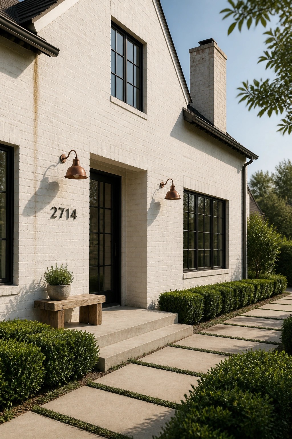 White brick house with black door, copper lights, bench, and stone path