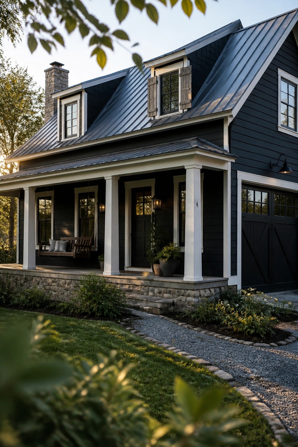Dark black siding on a farmhouse exterior with white trim and columns.