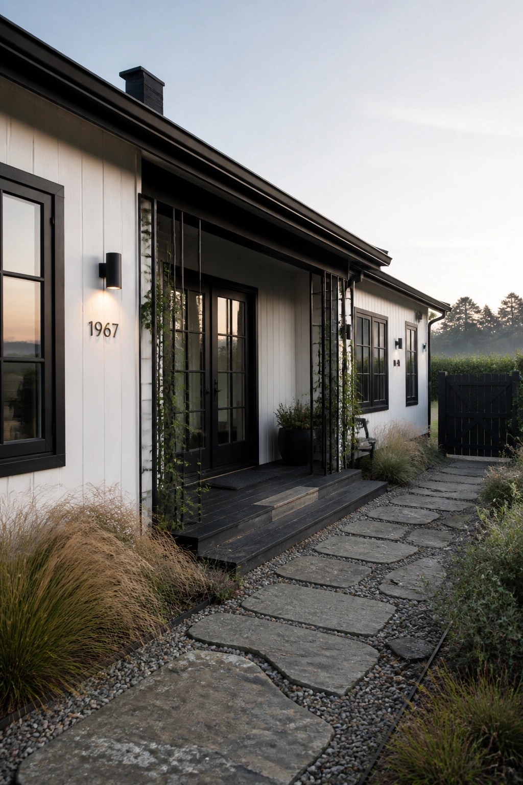 White farmhouse siding with black trim and windows.